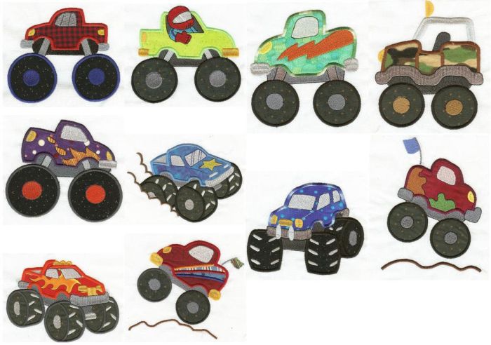 Monster Trucks Applique Machine Embroidery Designs by JuJu 