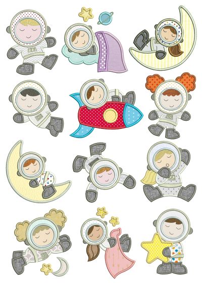 Sleepy Astronauts Applique Machine Embroidery Designs By JuJu