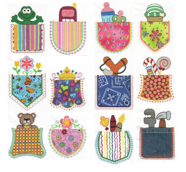 What's in your Pocket? Applique Machine Embroidery Designs by JuJu 