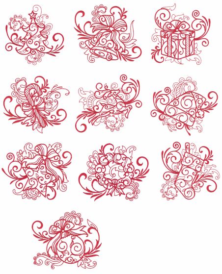 Swirly Christmas Redwork Machine Embroidery Designs by JuJu