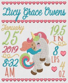 Unicorn Birth Announcement Template Machine Embroidery Designs by JuJu