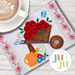 ITH Wheelbarrow Mug Rug | Machine Embroidery Designs by JuJu