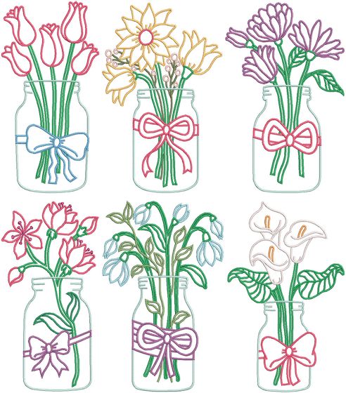 Floral Mason Jars Line Art | Machine Embroidery Designs by JuJu