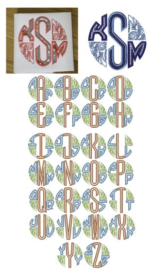 Three Letter Deco Applique Circular Monogram Machine Embroidery Designs by JuJu