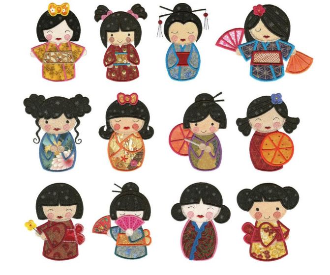 Kokeshi Dolls Applique Machine Embroidery Designs by JuJu 