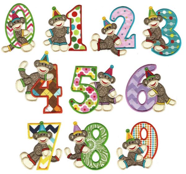 Birthday Sock Monkey Numbers Applique Machine Embroidery Designs by JuJu 