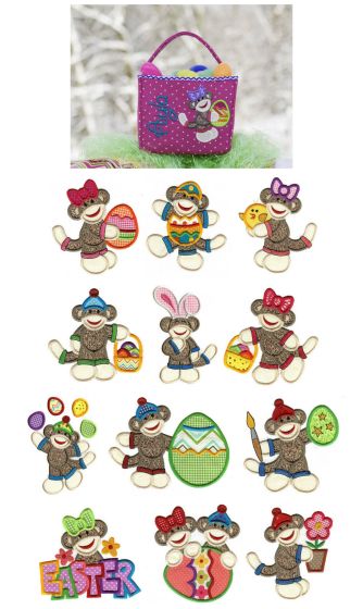 Easter Sock Monkeys Applique Machine Embroidery Designs by JuJu 
