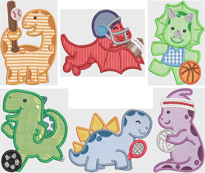 Sporty Dinosaurs Applique Machine Embroidery Designs by JuJu 