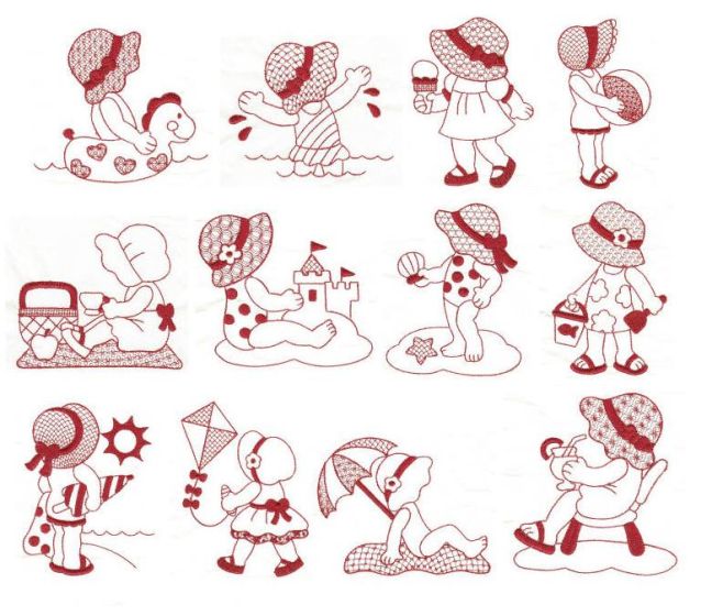 Summer Fun Sunbonnets Redwork Machine Embroidery Designs by JuJu