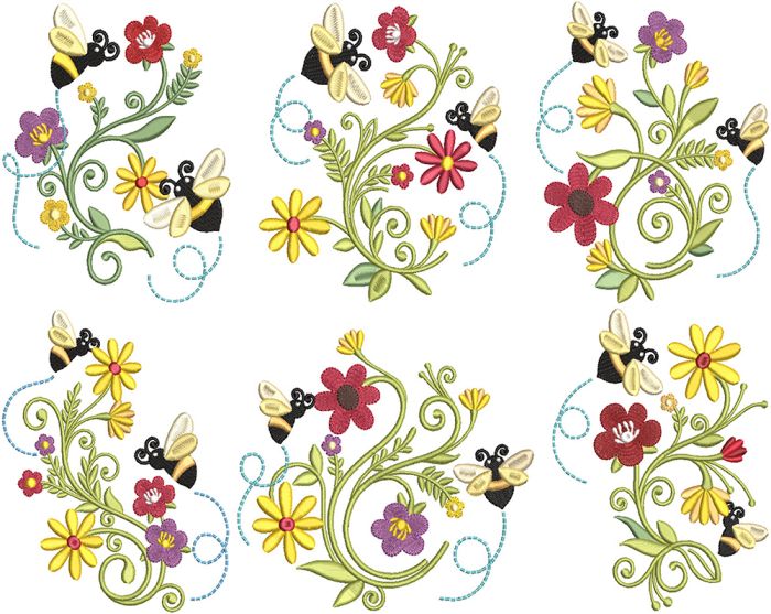 Busy Bees Flowers 1 Digital Embroidery Designs by JuJu