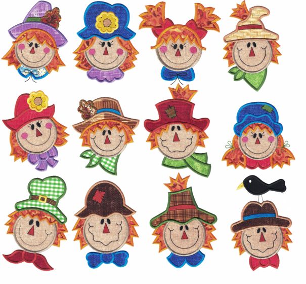Cute Whimsical Scarecrows Applique Machine Embroidery Designs by JuJu