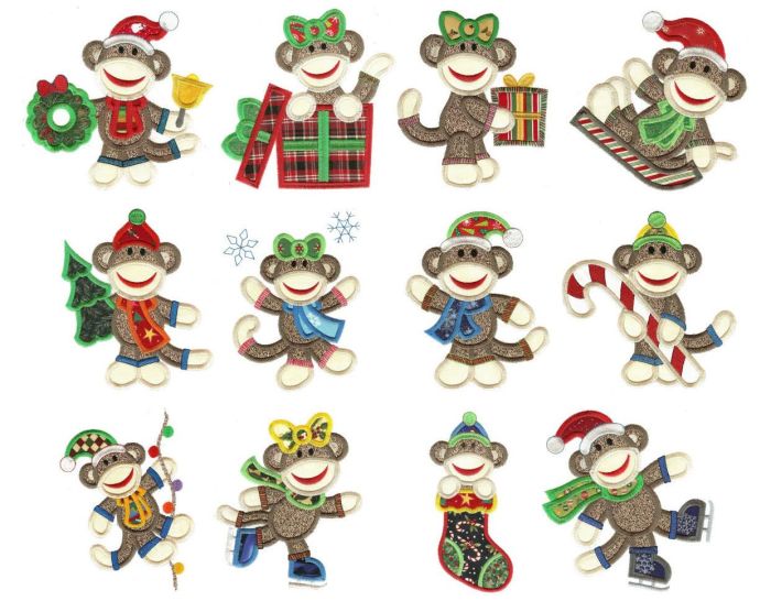 Christmas Sock Monkeys Applique Machine Embroidery Designs by JuJu 
