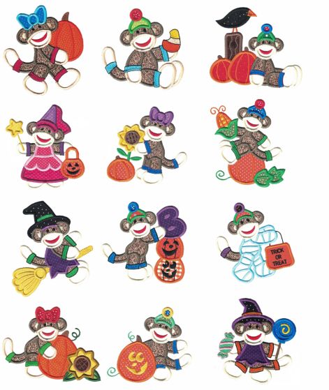 Halloween Harvest Sock Monkeys Applique Machine Embroidery Designs by JuJu