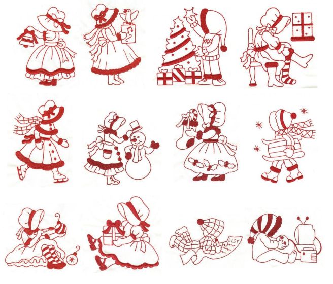 A Very Merry Sunbonnet Christmas Redwork Machine Embroidery Designs by JuJu