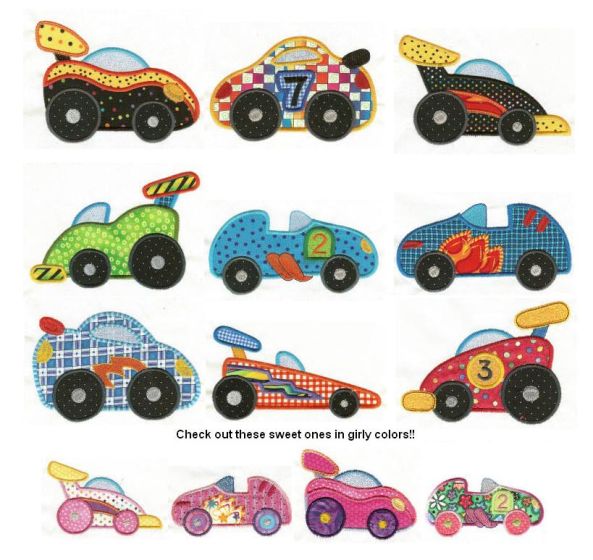 Speedy Racecars Applique Machine Embroidery Designs by JuJu 