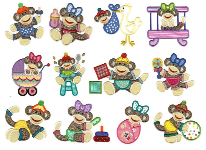 Sock Monkey Babies Applique Machine Embroidery Designs by JuJu 