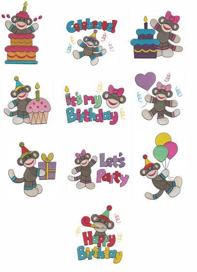 Happy Birthday Sock Monkeys Filled stitch machine embroidery Designs by JuJu