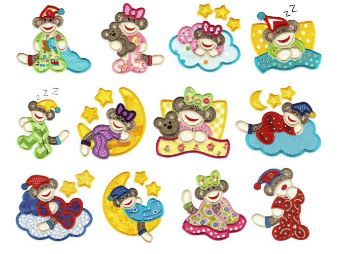 Sleepy bedtime Slumber Sock Monkeys Applique Machine Embroidery Designs by JuJu 