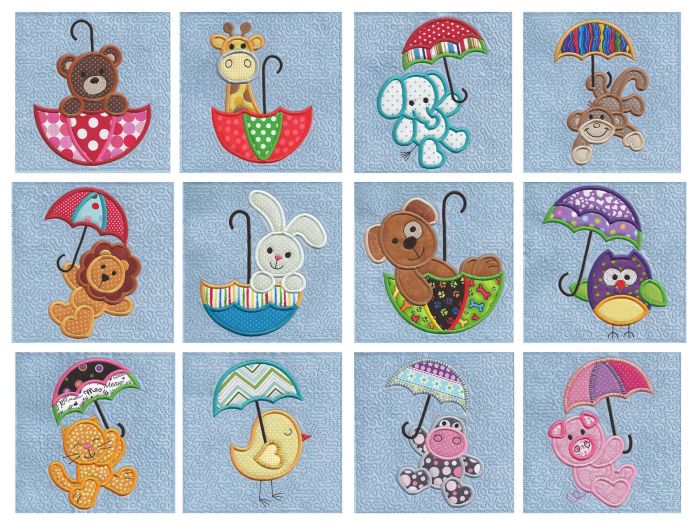 cute animals in umbrellas applique stipple quilt blocks in the hoop machine embroidery designs