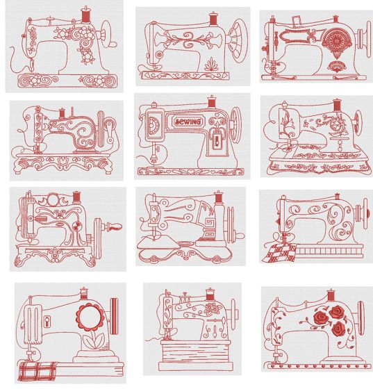 Vintage Sewing Machines Redwork Machine Embroidery Designs by JuJu