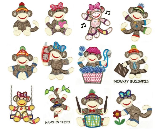 Sock Monkeys TOO Applique Machine Embroidery Designs by JuJu 