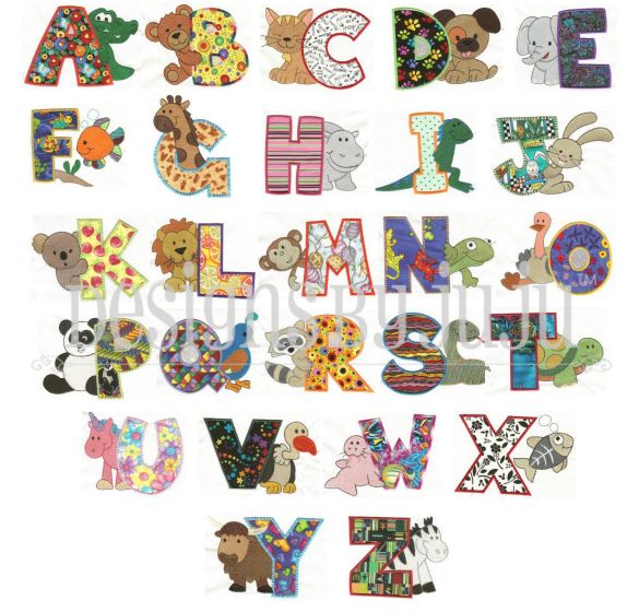 Cute Critters Alphabet Applique Machine Embroidery Designs by JuJu 