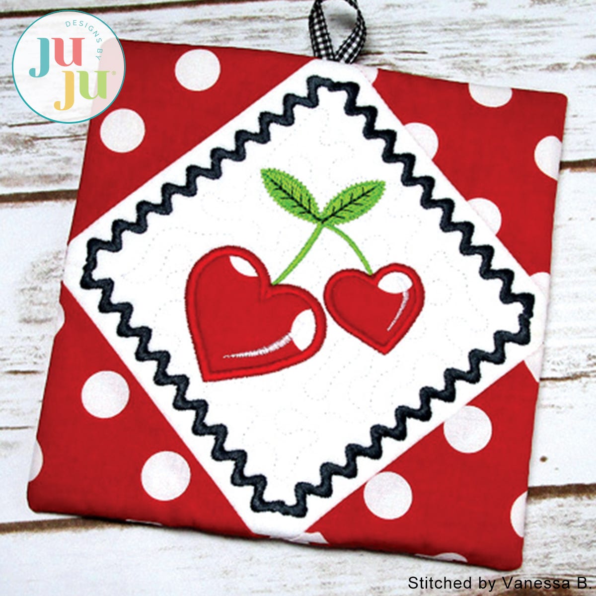 In The Hoop Heart Cherries Potholders Project by Oma's Place | Machine Embroidery Designs by JuJu