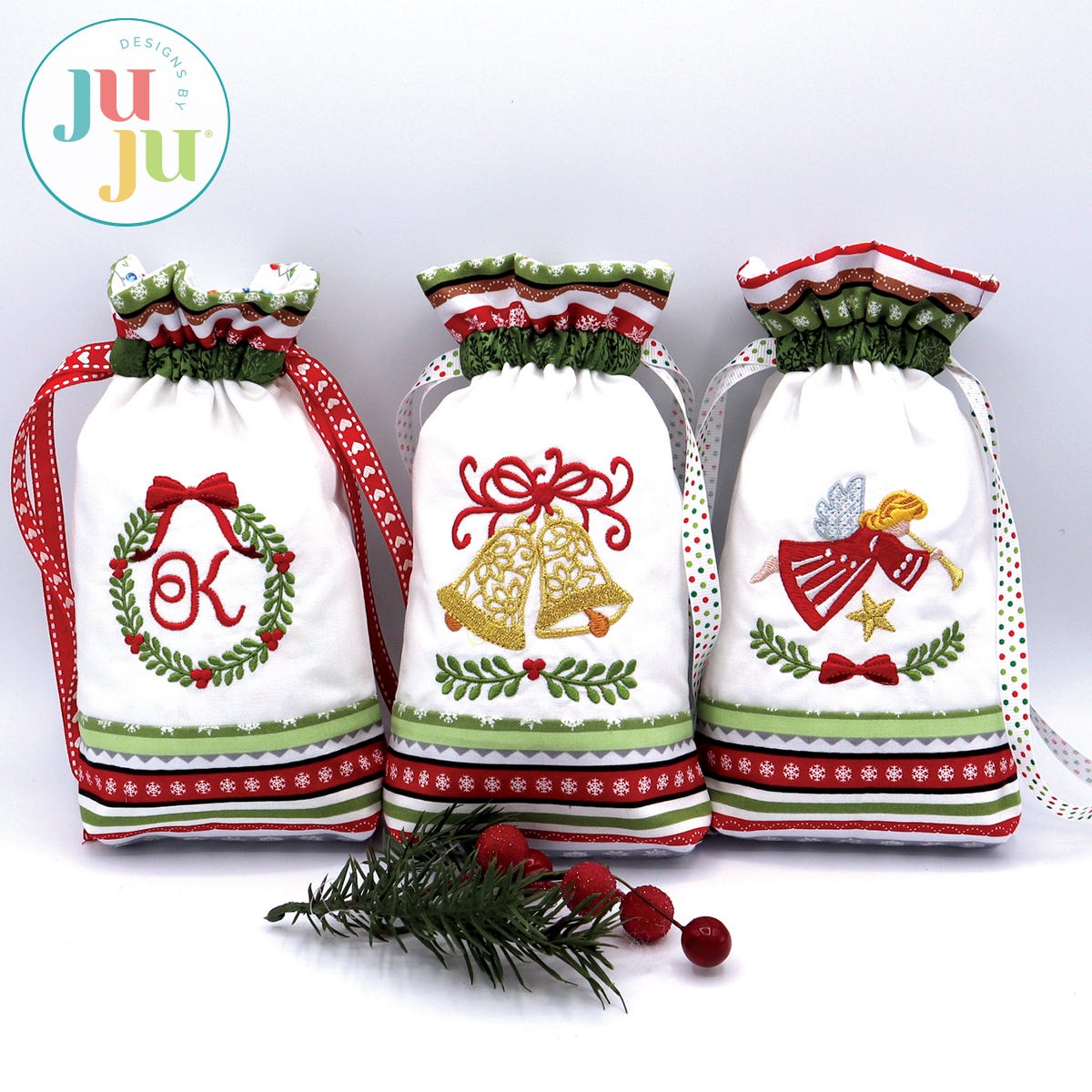 Christmas Drawstring Bags by Oma's Place | Machine Embroidery Designs by JuJu