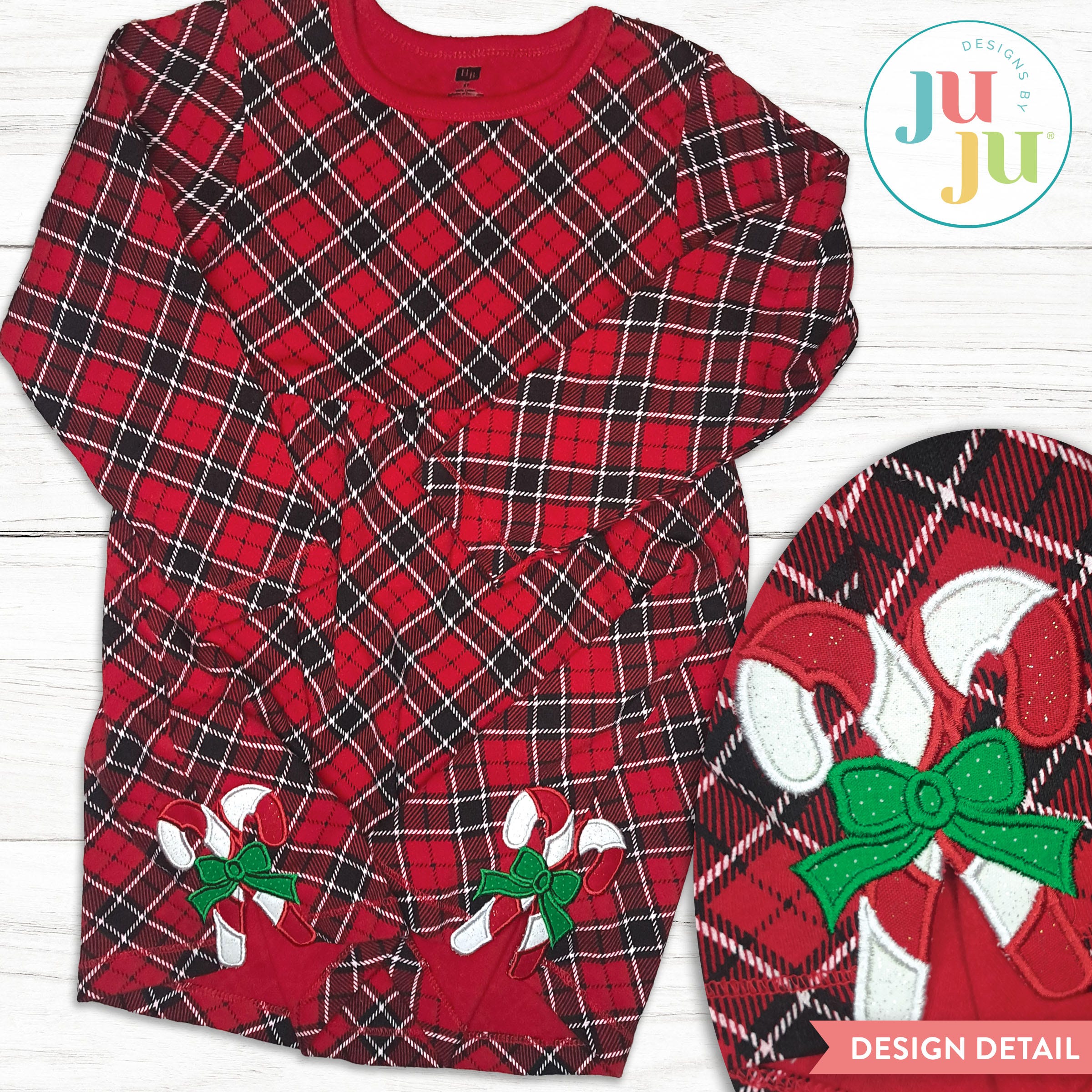 Candy Canes Bow Side Seam Cutaway Applique Embroidery Design | Machine Embroidery Designs by JuJu