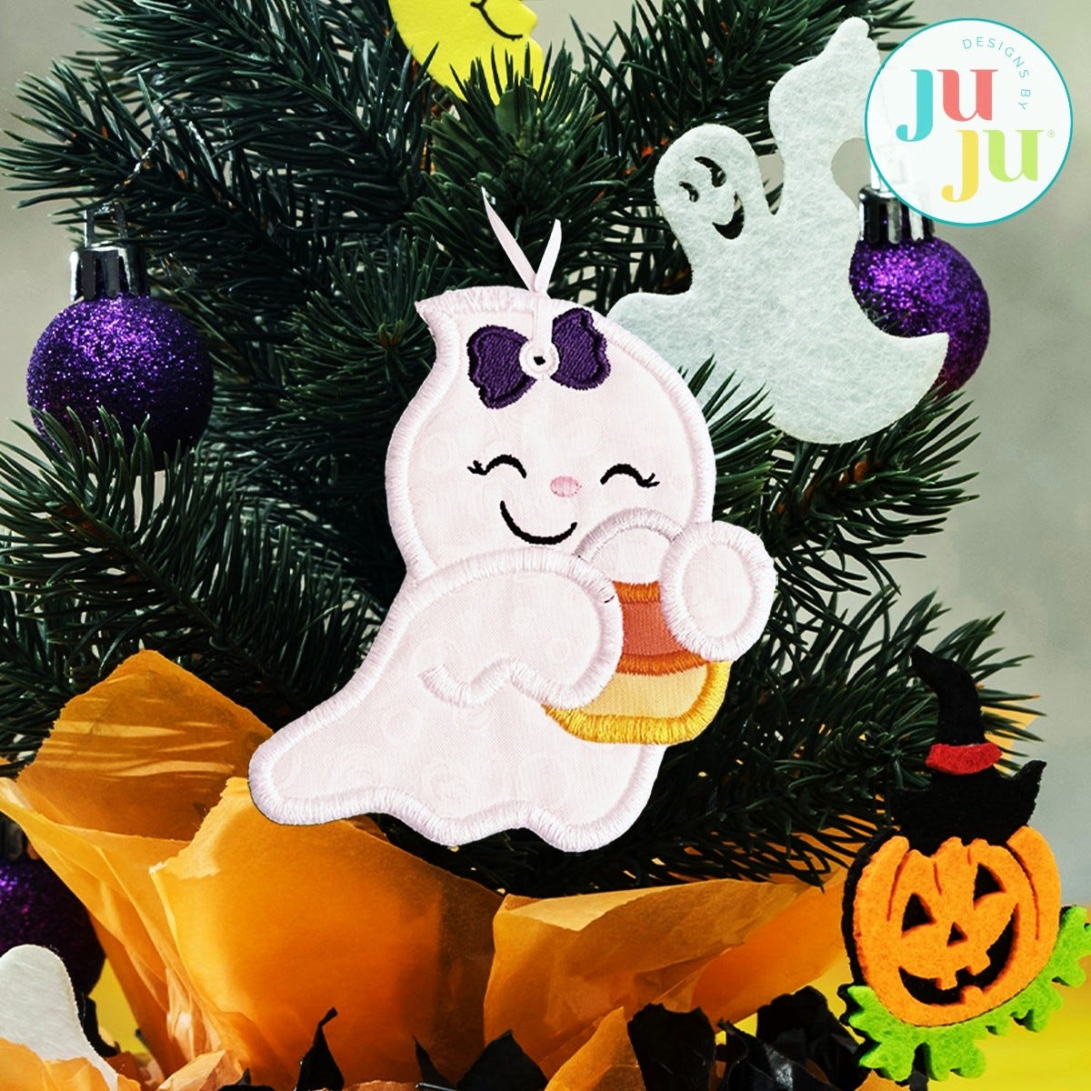 In The Hoop Ghost Hugging Candy Corn Girl Ornament Project