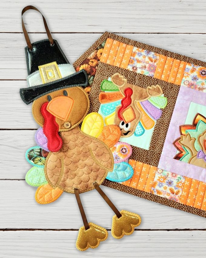 In The Hoop Pilgrim Turkeys Wall Hanging | Designs by JuJu Digital Embroidery Designs