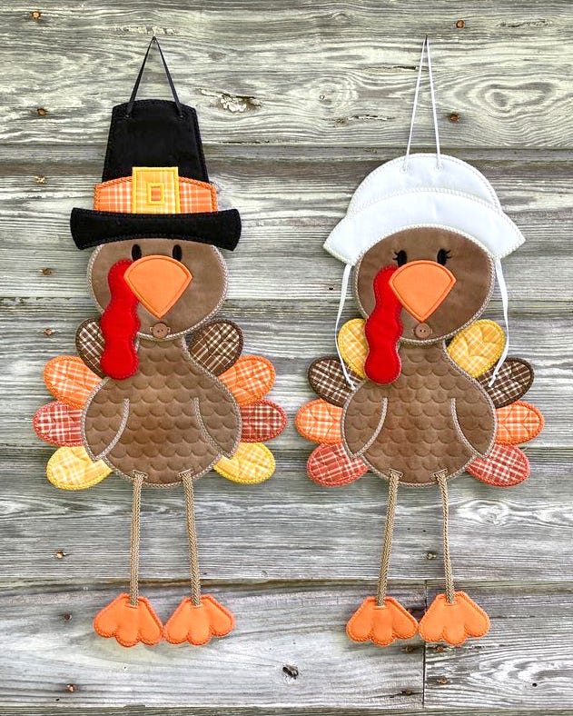 In The Hoop Pilgrim Turkeys Wall Hanging | Designs by JuJu Digital Embroidery Designs