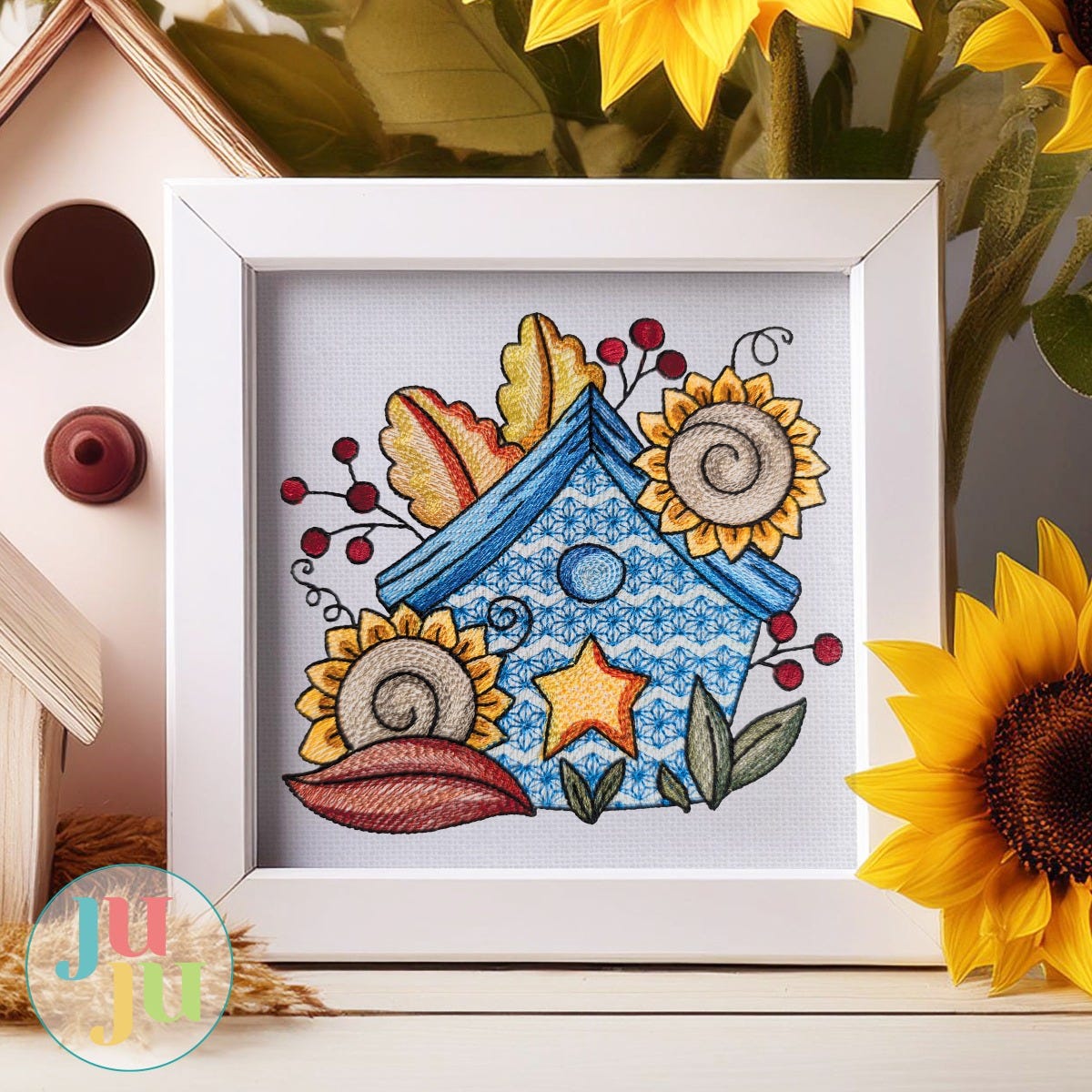 Autumn Sunflowers Birdhouse Embroidery Design | Designs by JuJu