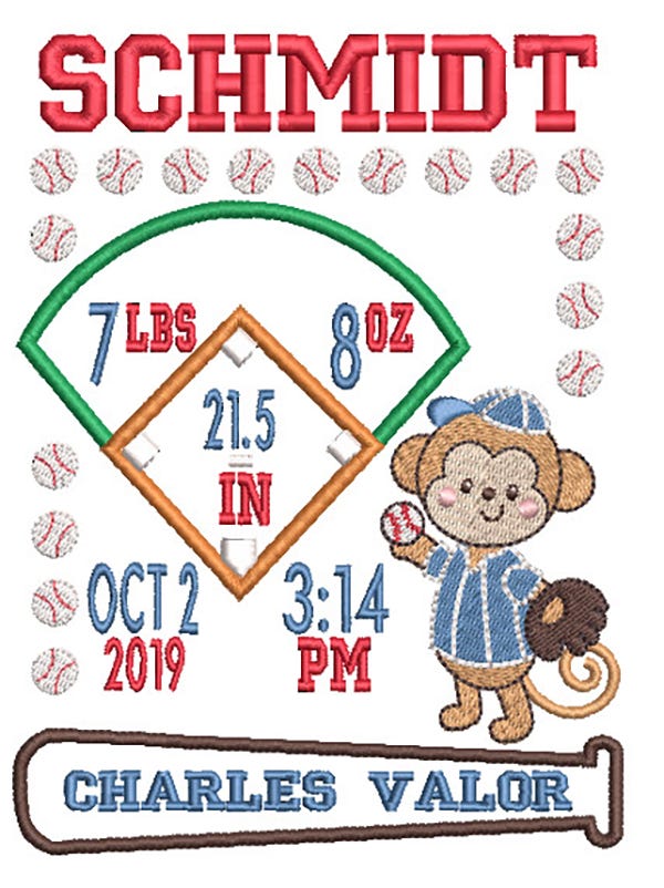 Baseball Monkey Birth Announcement Template Machine Embroidery Designs by JuJu