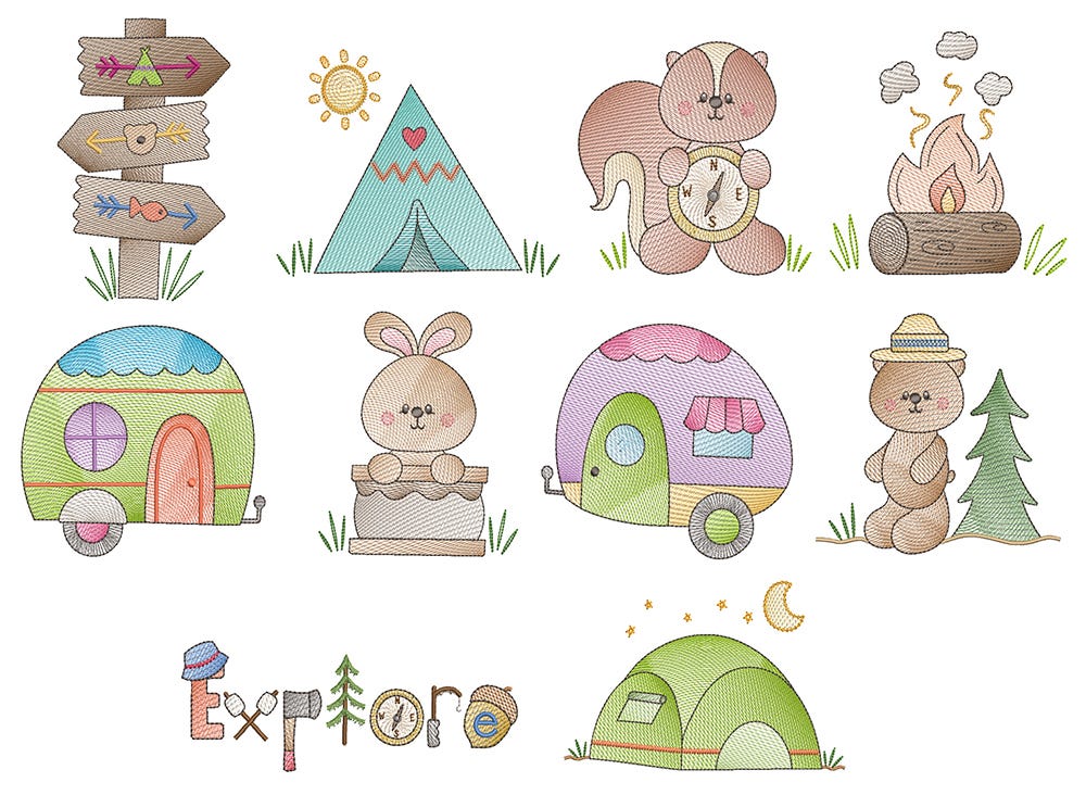 Camping Vintage Sketch 2 Machine Embroidery Designs By JuJu