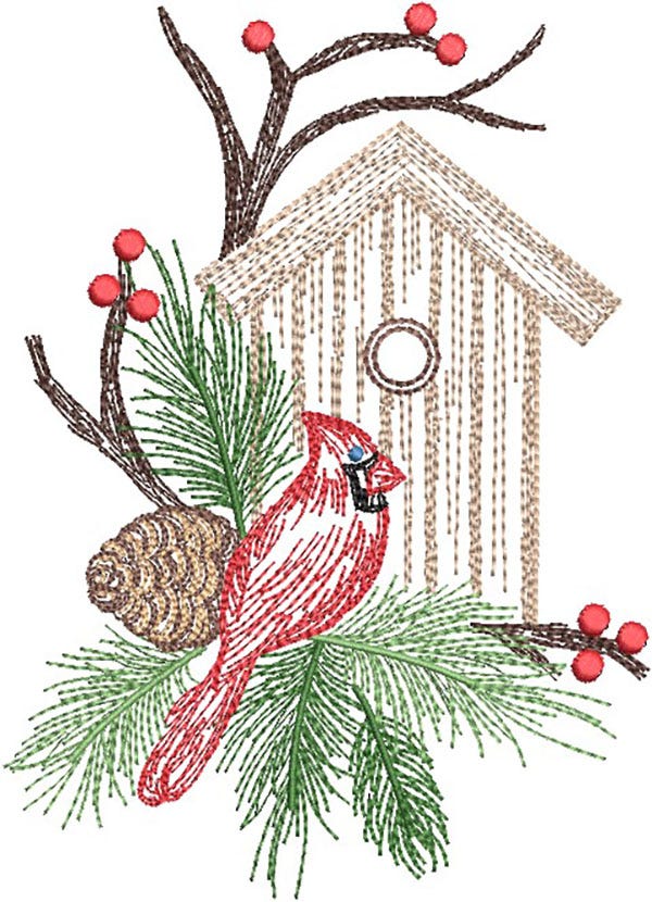 Christmas Cardinal Vintage Sketch | Machine Embroidery Designs by JuJu