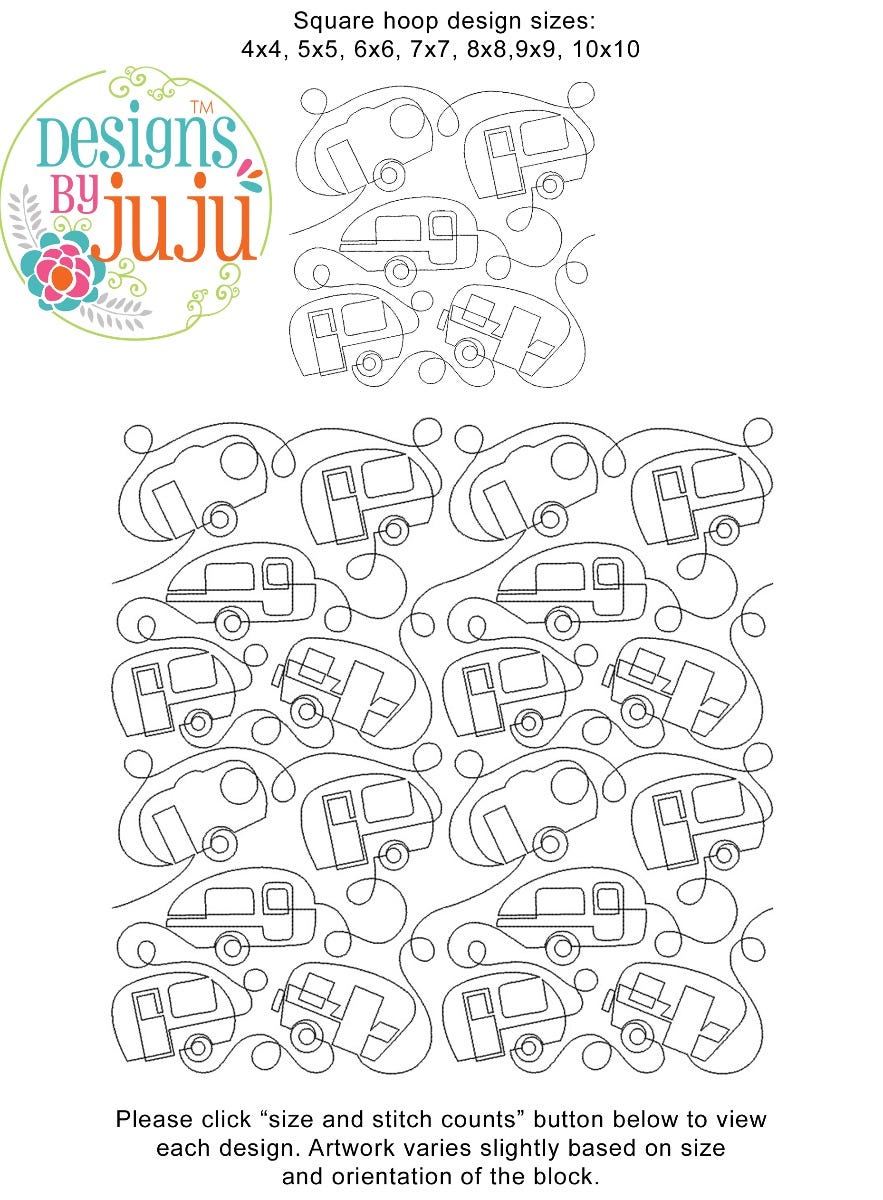Vintage Campers End-to-End Quilting Design | Machine Embroidery Designs by JuJu