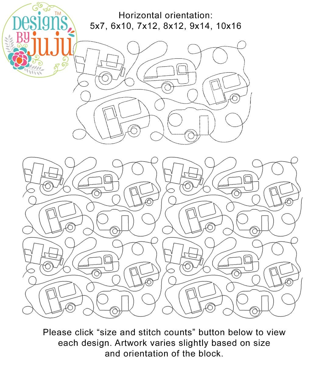 Vintage Campers End-to-End Quilting Design | Machine Embroidery Designs by JuJu
