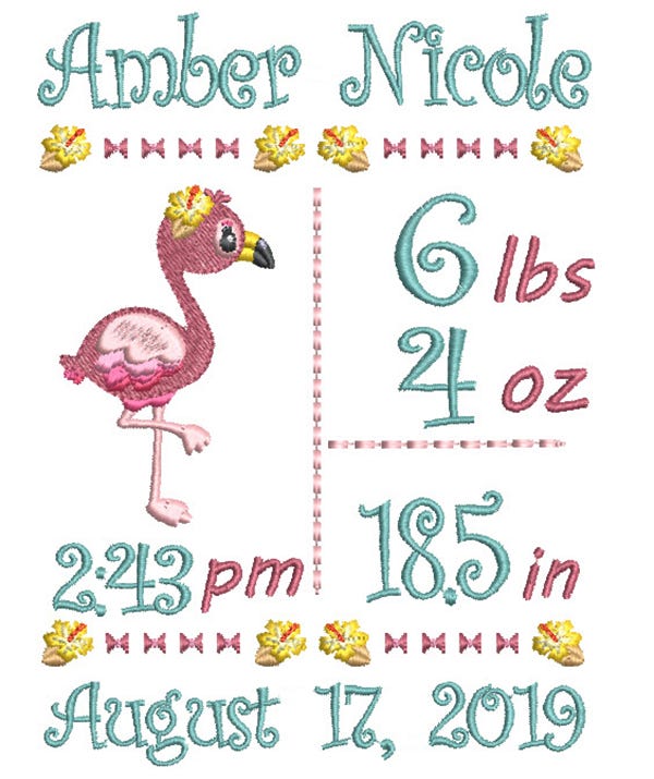 Flamingo Birth Announcement Template Machine Embroidery Designs by JuJu