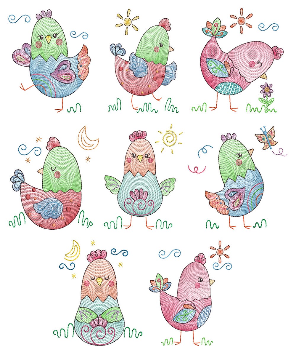 Fun Chickens Vintage Sketch Machine Embroidery Designs by JuJu
