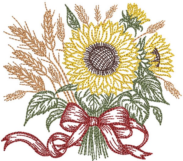 Harvest Sunflower Wheat Vintage Sketch | Machine Embroidery Designs by JuJu	