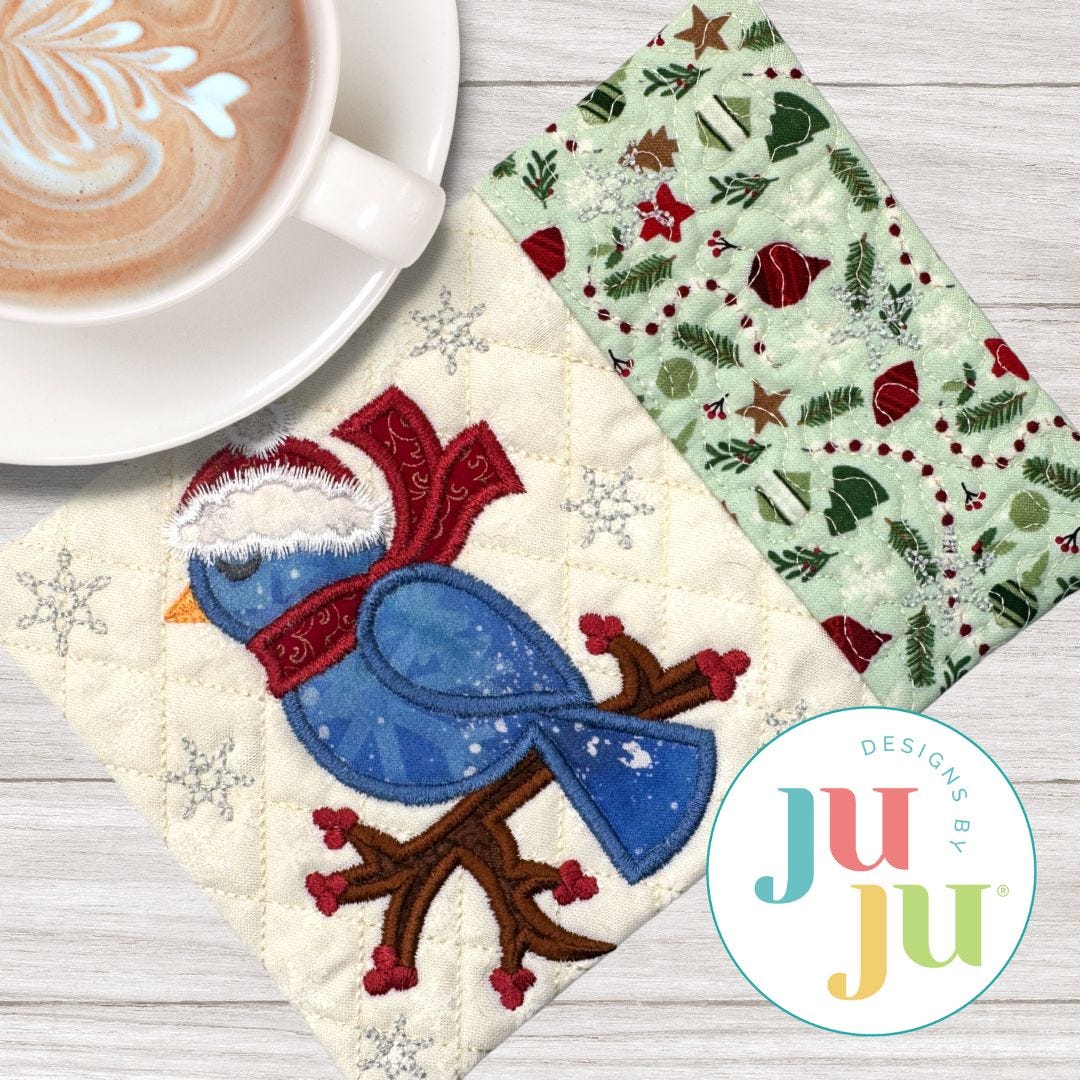 ITH Christmas Bird Mug Rug | Machine Embroidery Designs by JuJu