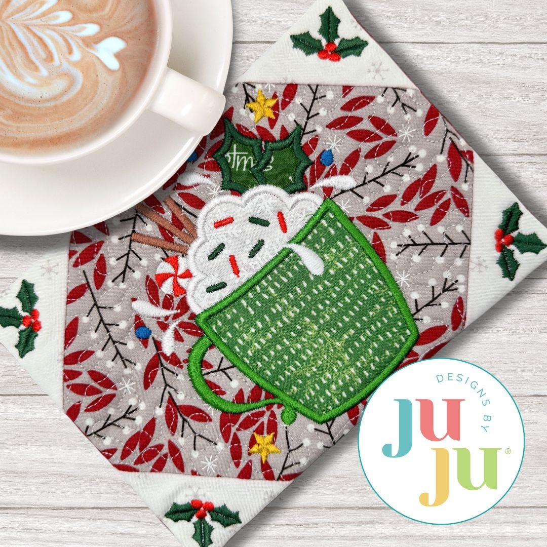 ITH Cocoa Mug Rug | Machine Embroidery Designs by JuJu