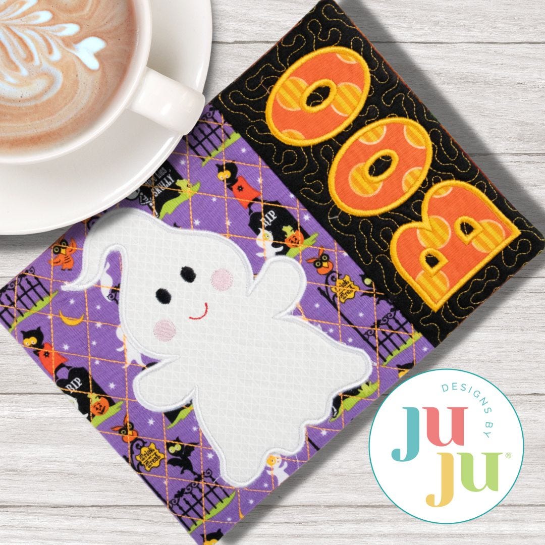 ITH Ghost Boo Mug Rug | Machine Embroidery Designs by JuJu