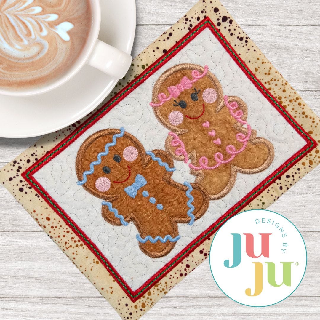 ITH Gingerbread Couple Mug Rug | Machine Embroidery Designs by JuJu