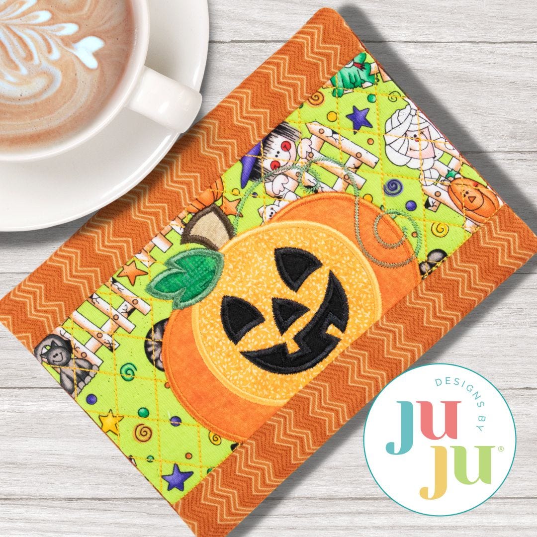 ITH Jack O Lantern Mug Rug | Machine Embroidery Designs by JuJu