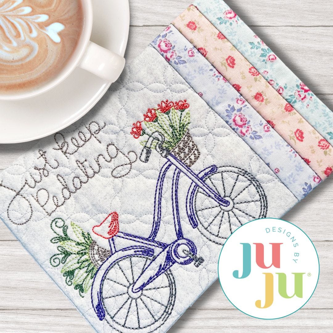 ITH Just Keep Pedaling Mug Rug | Machine Embroidery Designs by JuJu