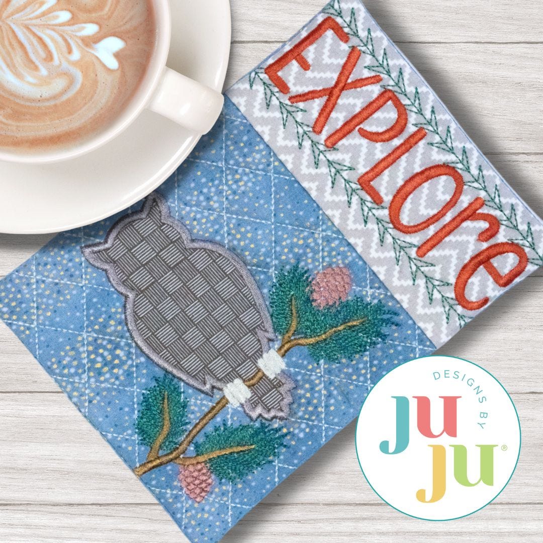 ITH Northwoods Owl Mug Rug | Machine Embroidery Designs by JuJu