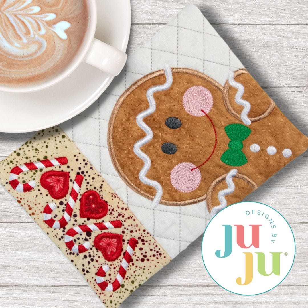ITH Peeking Gingerbread Mug Rug | Machine Embroidery Designs by JuJu