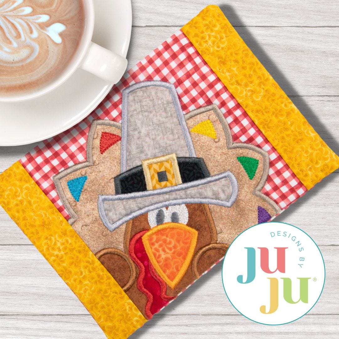 ITH Peeking Turkey Boy Mug Rug | Machine Embroidery Designs by JuJu